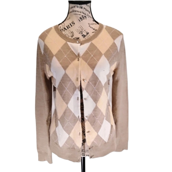 New York and Company Argyle‎ Cardigan Embellished with Rhinestone Size M - Picture 1 of 5